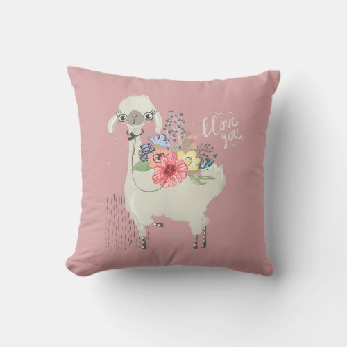 Cute Whimsical Modern Floral Llama I Love You Throw Pillow