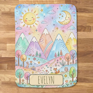 Cute Whimsical Mountains Sun and Moon Baby Blanket