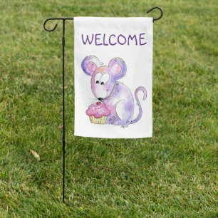 Cute Whimsical Mouse with a Cupcake Garden Flag