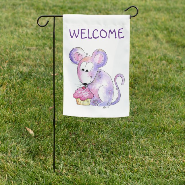 Cute Whimsical Mouse with a Cupcake Garden Flag (In SItu)