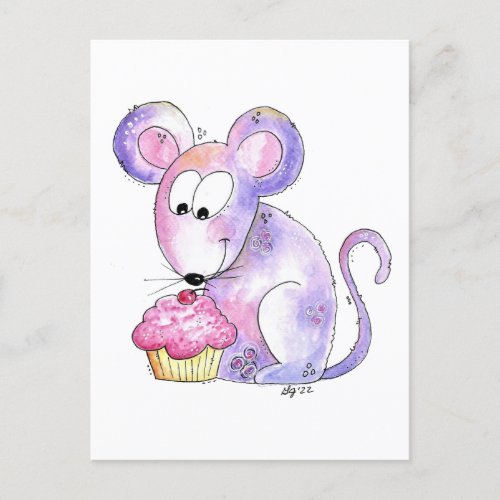 Cute Whimsical Mouse with a Cupcake Postcard