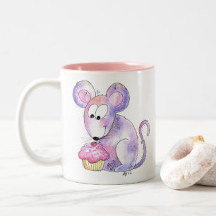 Cute Whimsical Mouse with a Cupcake Two-Tone Coffee Mug