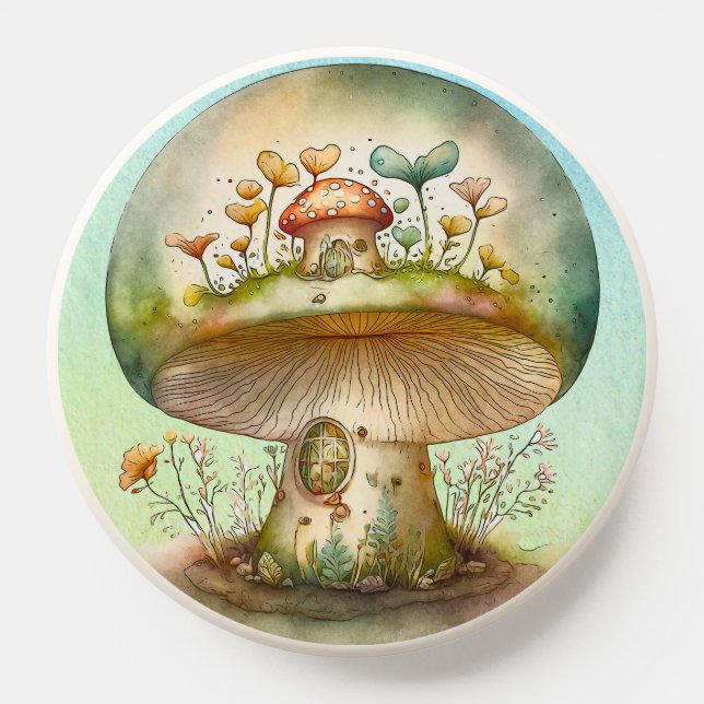 Cute whimsical mushroom toadstool house watercolor PopSocket (Popsocket)