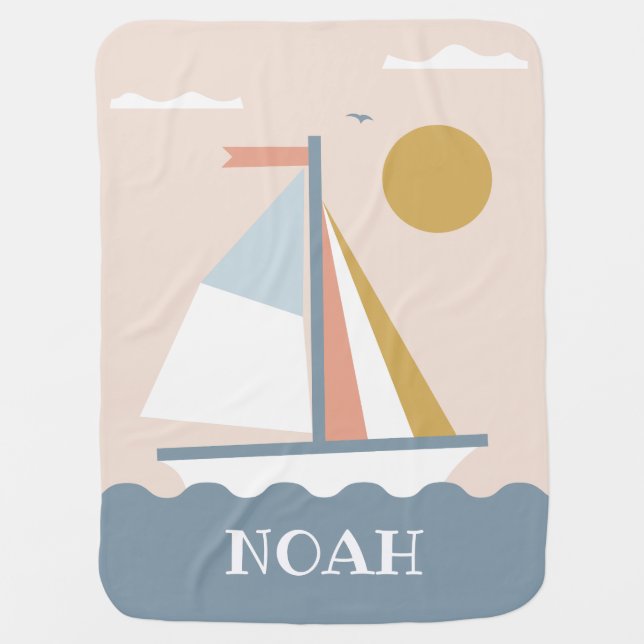 Cute whimsical nautical sailboat custom name  baby blanket (Front)