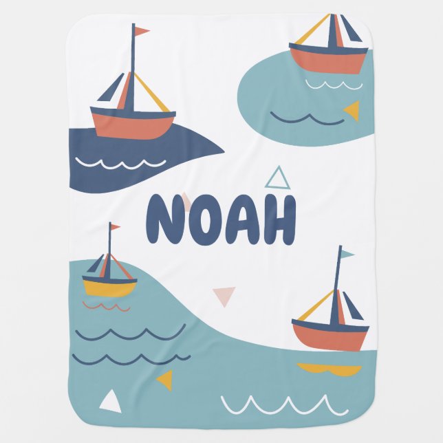 Cute whimsical nautical sailboats custom name baby blanket (Front)