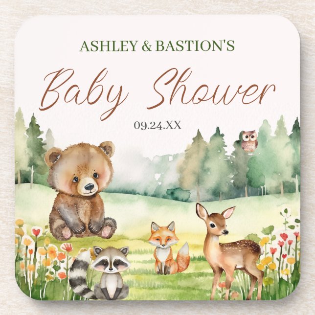 Cute Whimsical Neutral Woodland Animal Baby Shower Beverage Coaster (Front)