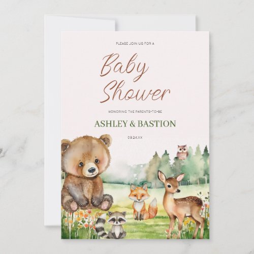 Cute Whimsical Neutral Woodland Animal Baby Shower Invitation