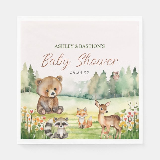 Cute Whimsical Neutral Woodland Animal Baby Shower Napkins (Front)