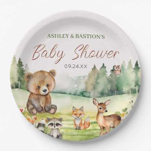Cute Whimsical Neutral Woodland Animal Baby Shower Paper Plates