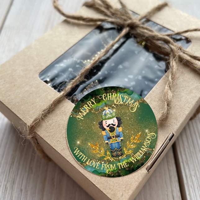 Cute Whimsical Nutcracker Faux Gold Glitter Green Classic Round Sticker (Creator Uploaded)