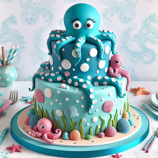 CUTE WHIMSICAL OCTOPUS THEME KIDS BIRTHDAY CAKE  CARD (Creator Uploaded)