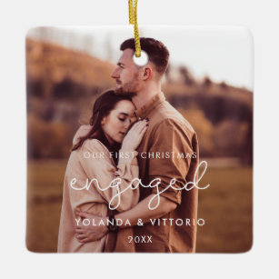 Cute whimsical Our First Christmas engaged photo Ceramic Ornament