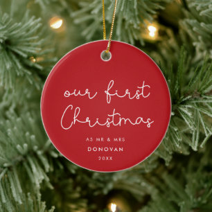 Cute whimsical Our First Christmas Red photo Ceramic Ornament