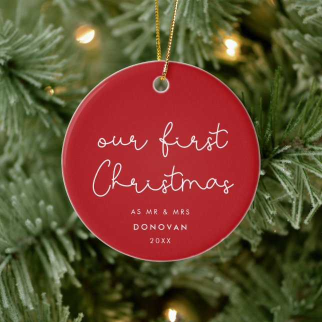 Cute whimsical Our First Christmas Red photo Ceramic Ornament (Tree)