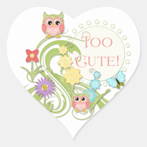 Cute Whimsical Owl n Butterfly Scroll Floral Art Heart Sticker
