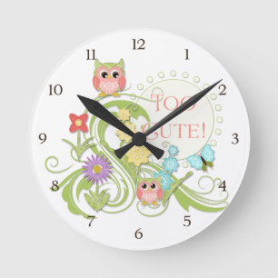 Cute Whimsical Owl n Butterfly Scroll Floral Art Round Clock