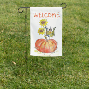Cute Whimsical Owl on Pumpkin Garden Flag