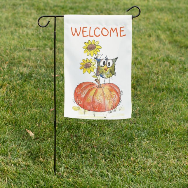 Cute Whimsical Owl on Pumpkin Garden Flag (In SItu)