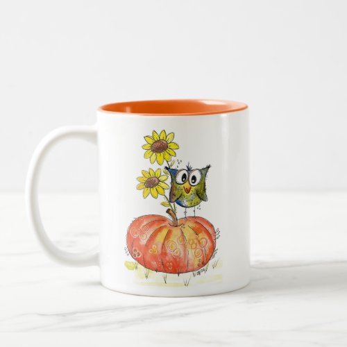 Cute Whimsical Owl on Pumpkin Two-Tone Coffee Mug