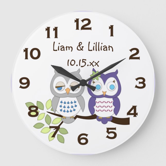 Cute Whimsical Owl Twins Wall Clock (Front)