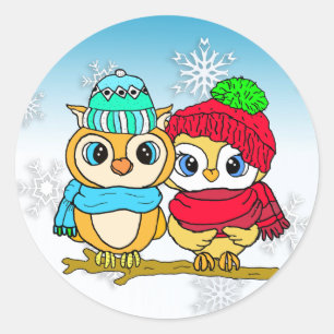 Cute Whimsical Owls on Branch Christmas Classic Round Sticker