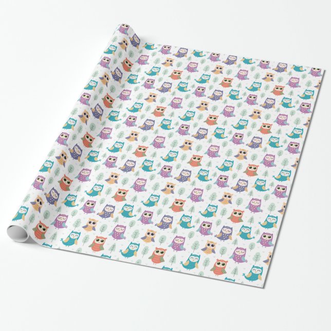 *~* Cute Whimsical Owls Trees Wrapping Paper (Unrolled)