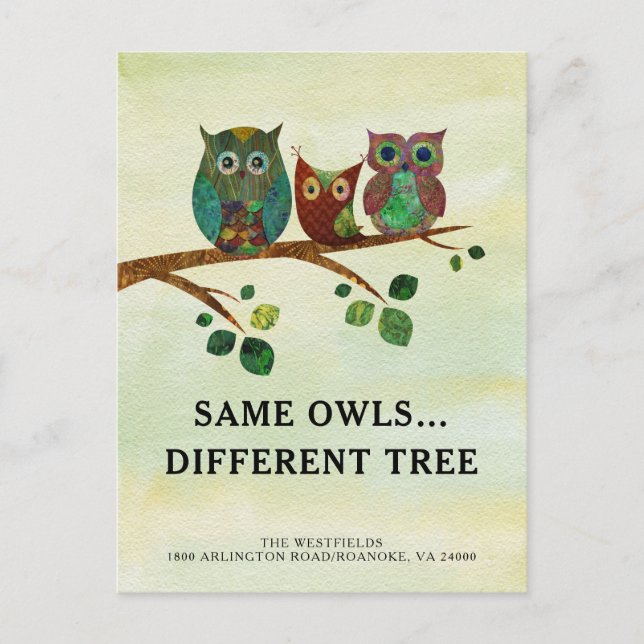 Cute Whimsical Owls Watercolor New Address Announcement Postcard (Front)