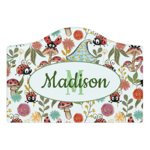 Cute Whimsical Painted Red Ladybugs Floral Garden Door Sign