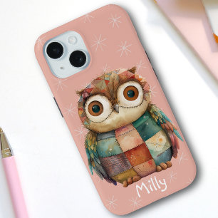Cute Whimsical Pastel Patchwork Owl Custom Name iPhone 15 Case