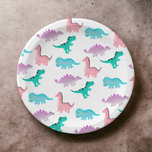Cute whimsical pastel watercolor dinosaurs pattern paper plates