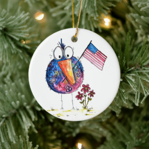 Cute Whimsical Patriotic Bird with Flag Ceramic Ornament