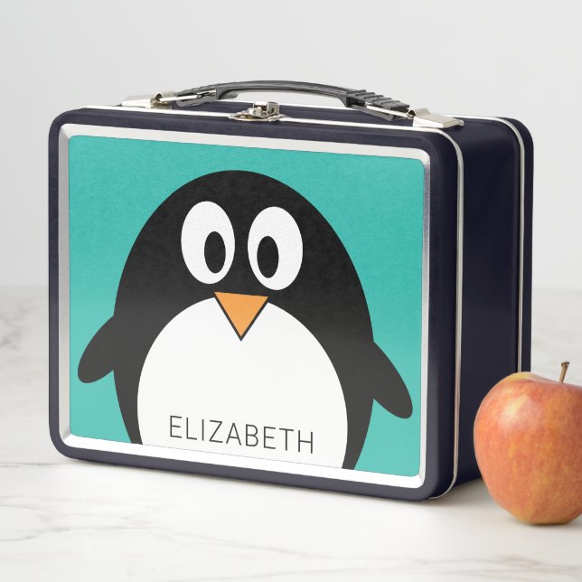 Cute, Whimsical Penguin - aqua teal custom name Metal Lunch Box (In Situ)