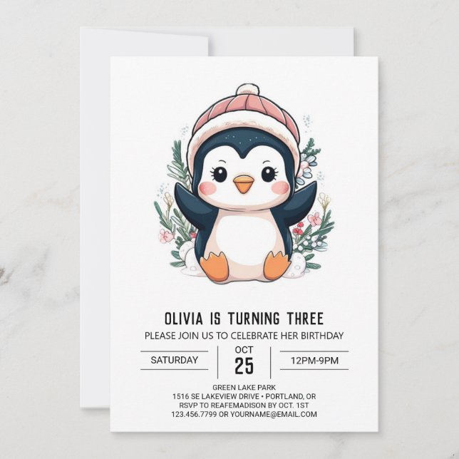 Cute Whimsical Penguin Digital Birthday Invitation (Front)