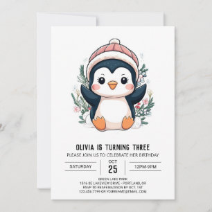 Cute Whimsical Penguin Digital Birthday Invitation