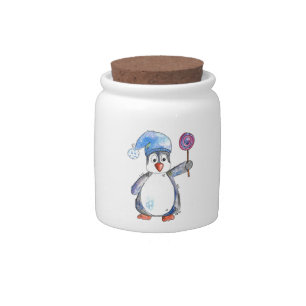 Cute Whimsical Penguin with a Lollipop Candy Jar