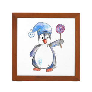 Cute Whimsical Penguin with a Lollipop Desk Organizer