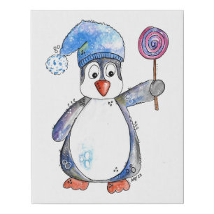 Cute Whimsical Penguin with a Lollipop Faux Canvas Print