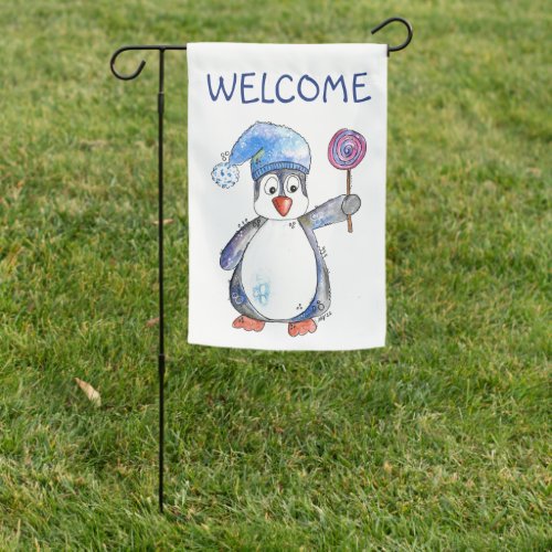 Cute Whimsical Penguin with a Lollipop Garden Flag