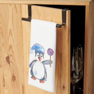 Cute Whimsical Penguin with a Lollipop Kitchen Towel
