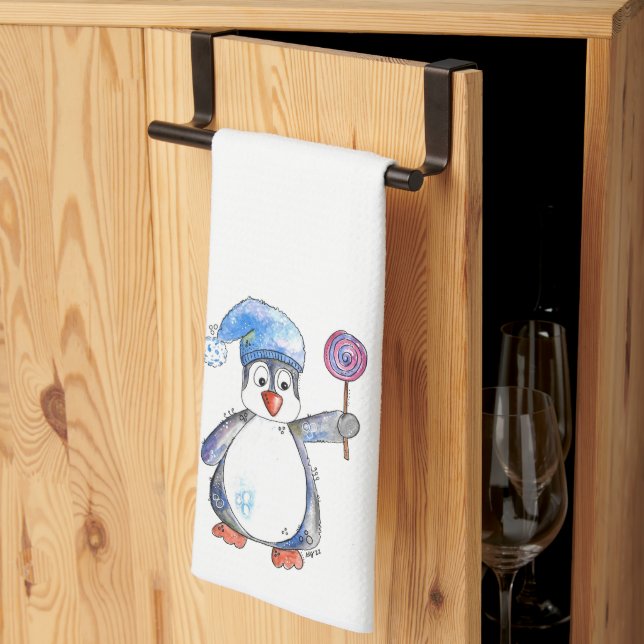 Cute Whimsical Penguin with a Lollipop Kitchen Towel (Thirds Fold)