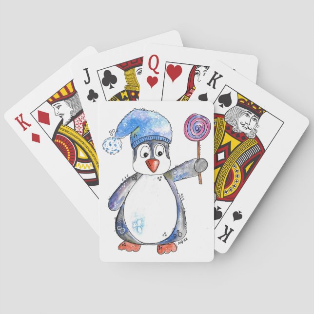 Cute Whimsical Penguin with a Lollipop Poker Cards (Back)