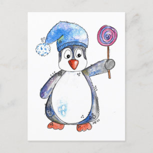 Cute Whimsical Penguin with a Lollipop Postcard
