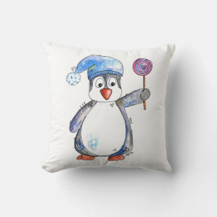 Cute Whimsical Penguin with a Lollipop Throw Pillow