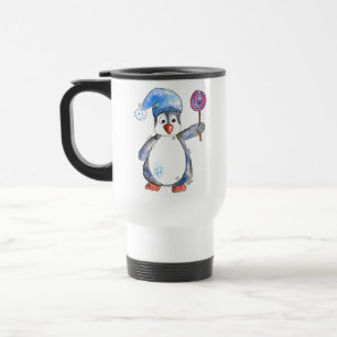Cute Whimsical Penguin with a Lollipop Travel Mug