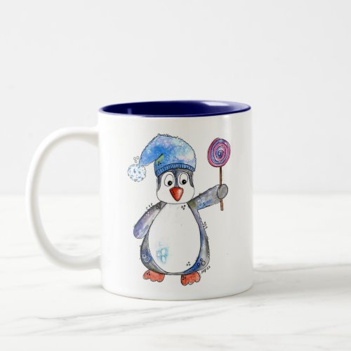 Cute Whimsical Penguin with a Lollipop Two_Tone Coffee Mug