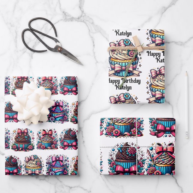 Cute Whimsical Personalized Cupcake Birthday Wrapping Paper Sheets (Front)