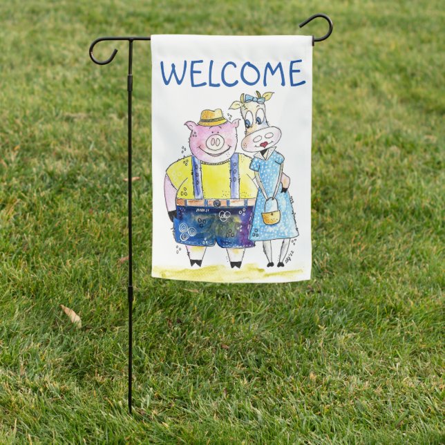 Cute Whimsical Pig and Cow Garden Flag (In SItu)