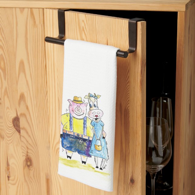 Cute Whimsical Pig and Cow Kitchen Towel (Thirds Fold)