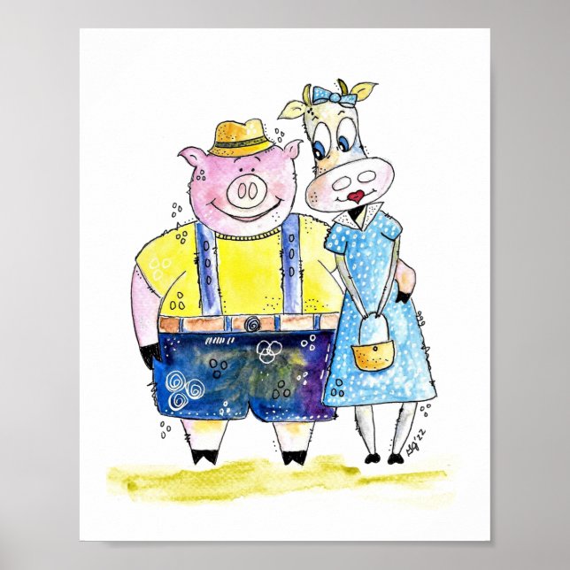 Cute Whimsical Pig and Cow Poster (Front)