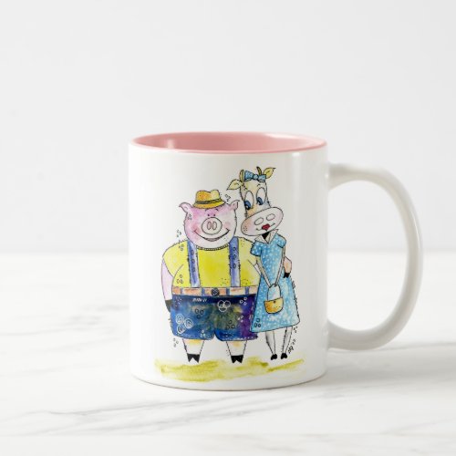 Cute Whimsical Pig and Cow Two_Tone Coffee Mug